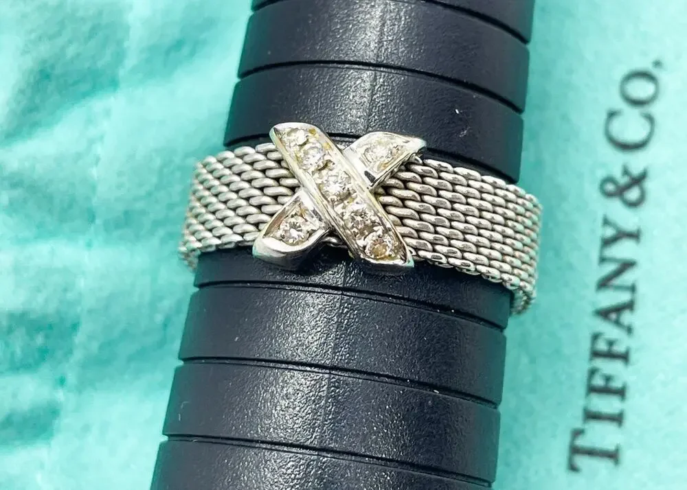Tiffany & Co. 18K White Gold Somerset Mesh Diamond X Ring – Size 11.5